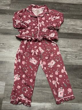Girls' Burgundy Pink Bow & Perfume Print Pajama Set